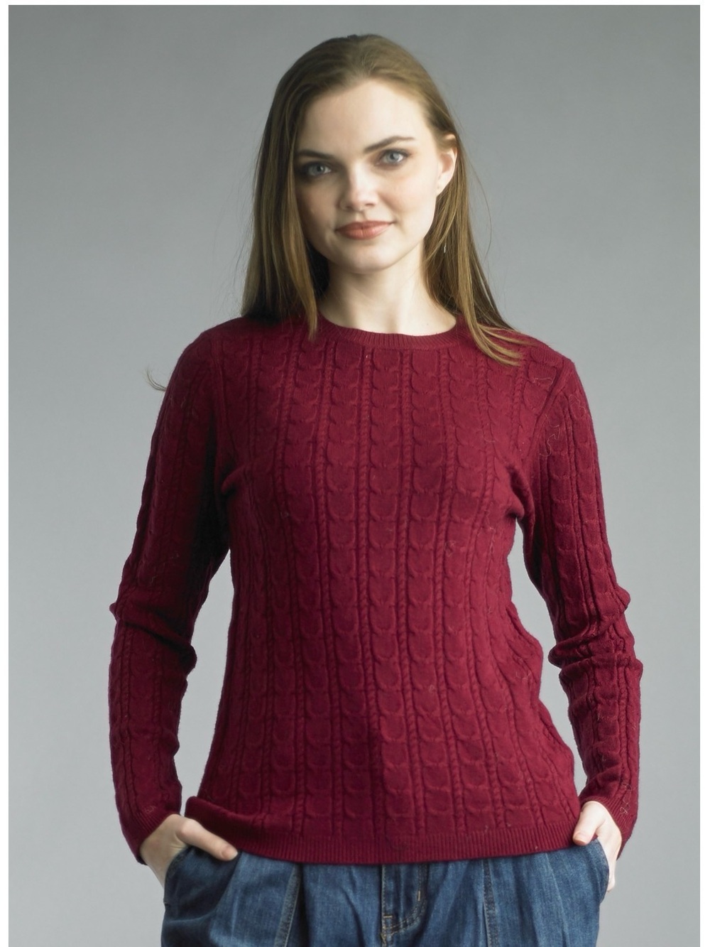 Tempo Paris Cable Knit Crewneck Sweater - Burgundy